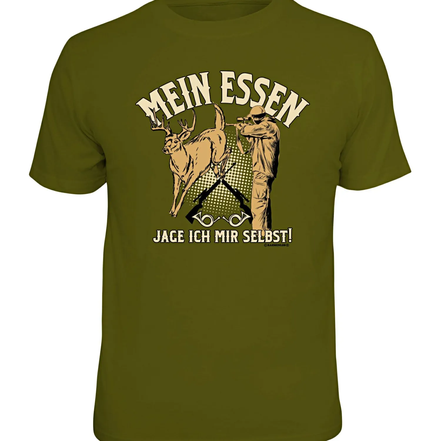 Rahmenlos "Mein Essen jage ich mir selbst" T-Shirt Herren (Oliv)< Angelshirts & Angel-Oberteile