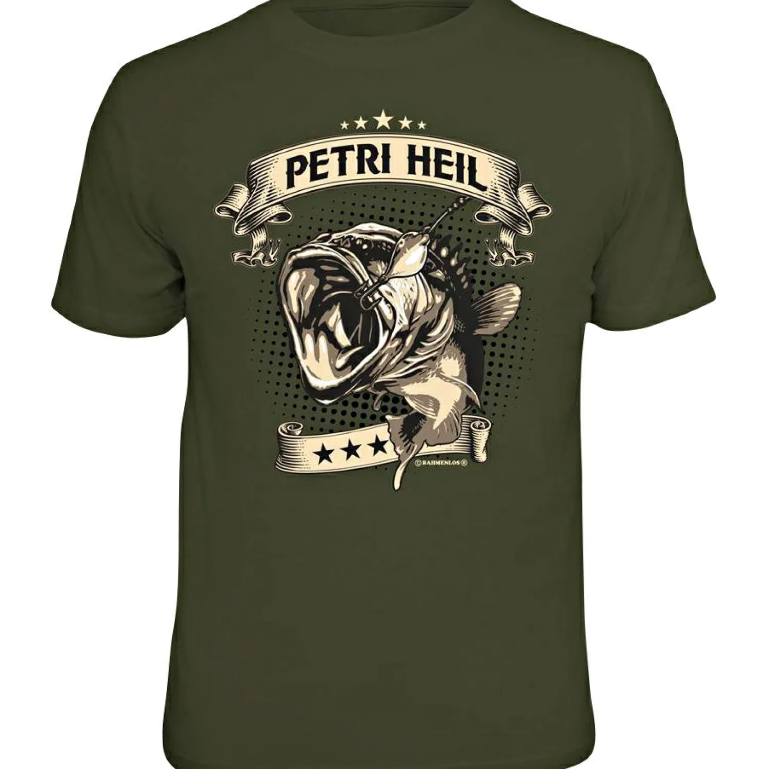 Rahmenlos "Petri Heil" T-Shirt Herren (Oliv)< Angelshirts & Angel-Oberteile