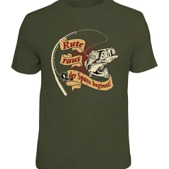 Rahmenlos "Rute raus, der Spaß beginnt" T-Shirt Unisex (Grün)< Angelshirts & Angel-Oberteile