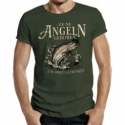 Rahmenlos "Zum Angeln geboren - zur Arbeit gezwungen" T-Shirt Herren (Oliv)< Angelshirts & Angel-Oberteile