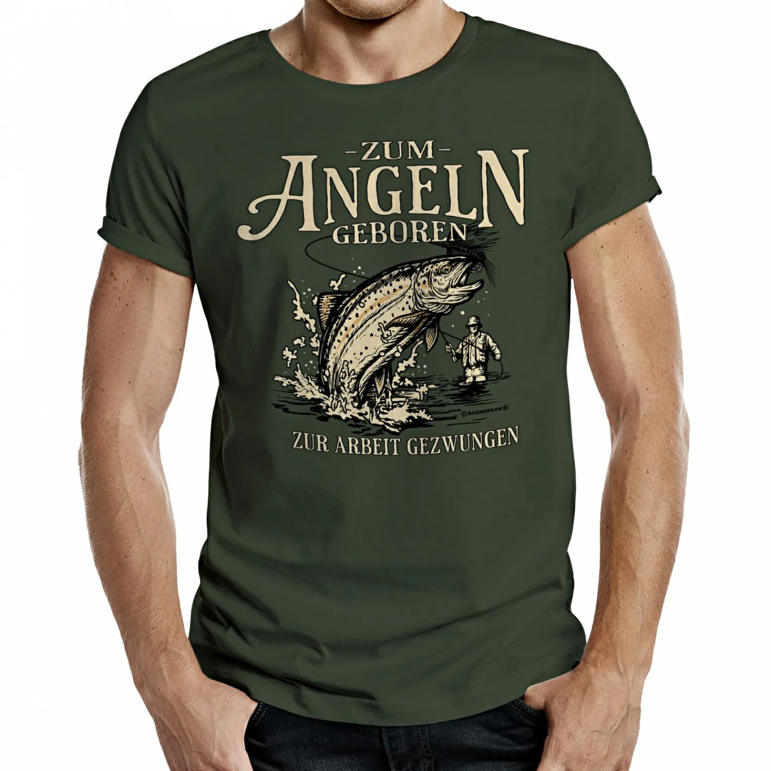Rahmenlos "Zum Angeln geboren - zur Arbeit gezwungen" T-Shirt Herren (Oliv)< Angelshirts & Angel-Oberteile