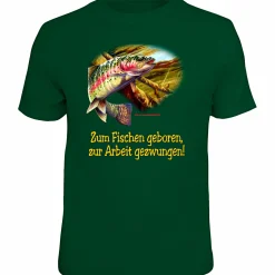 Rahmenlos "Zum Fischen geboren, zur Arbeit gezwungen" T-Shirt Herren (Grün)< Angelshirts & Angel-Oberteile