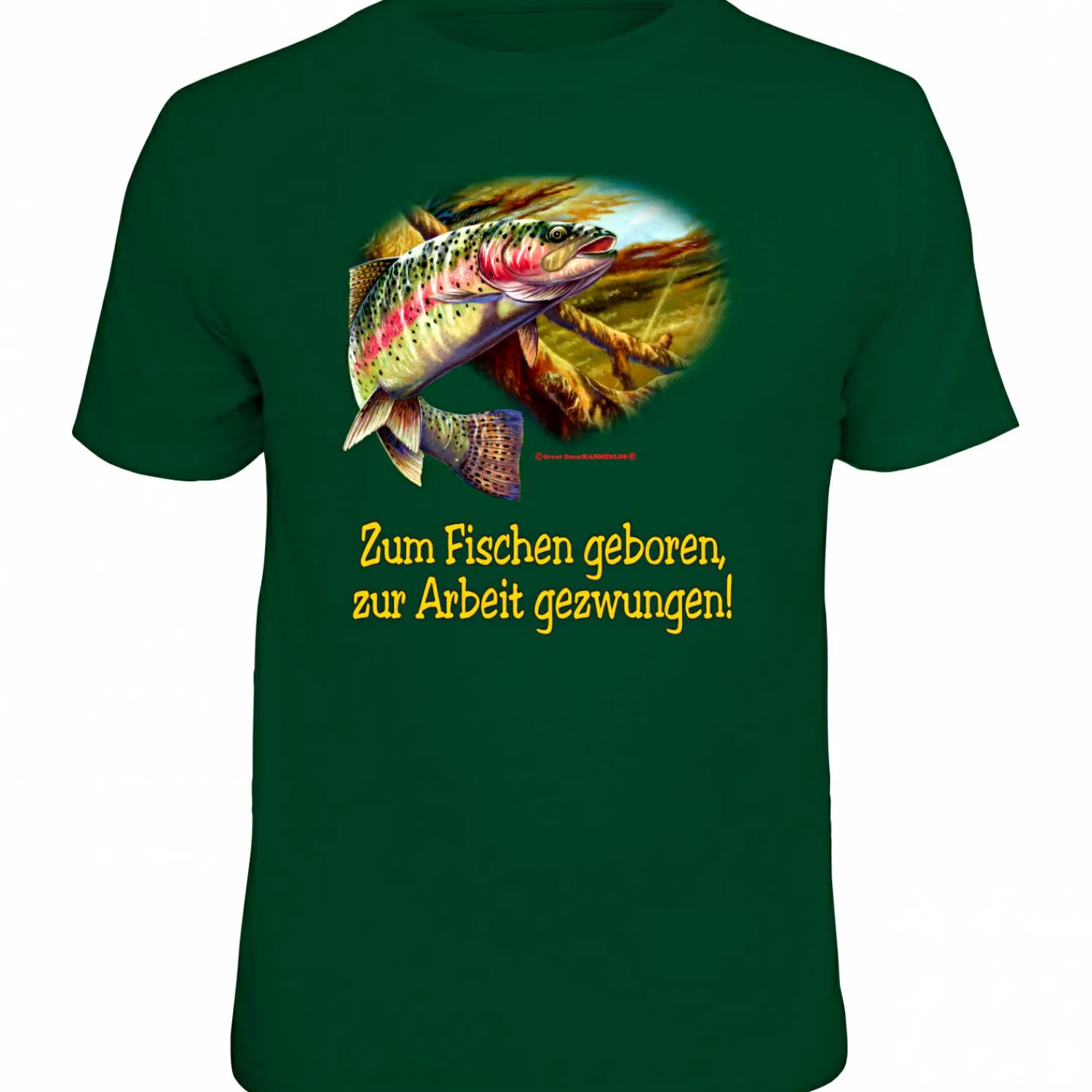 Rahmenlos "Zum Fischen geboren, zur Arbeit gezwungen" T-Shirt Herren (Grün)< Angelshirts & Angel-Oberteile