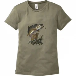 Online T-Shirt "Forelle" Damen (Oliv) Damen Angelshirts & Angel-Oberteile|Damen Angelshirts & -Oberteile
